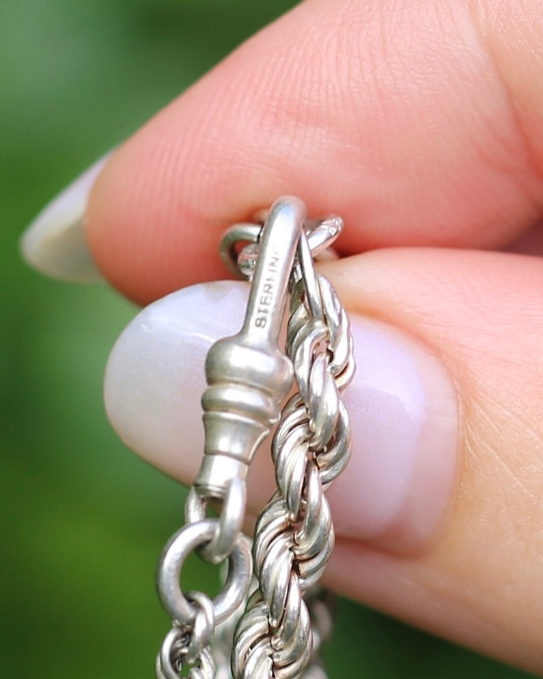 Antique 1896 Double Albertina Necklace with T-bar and Floral Pendant, Sterling Silver, 18.85g