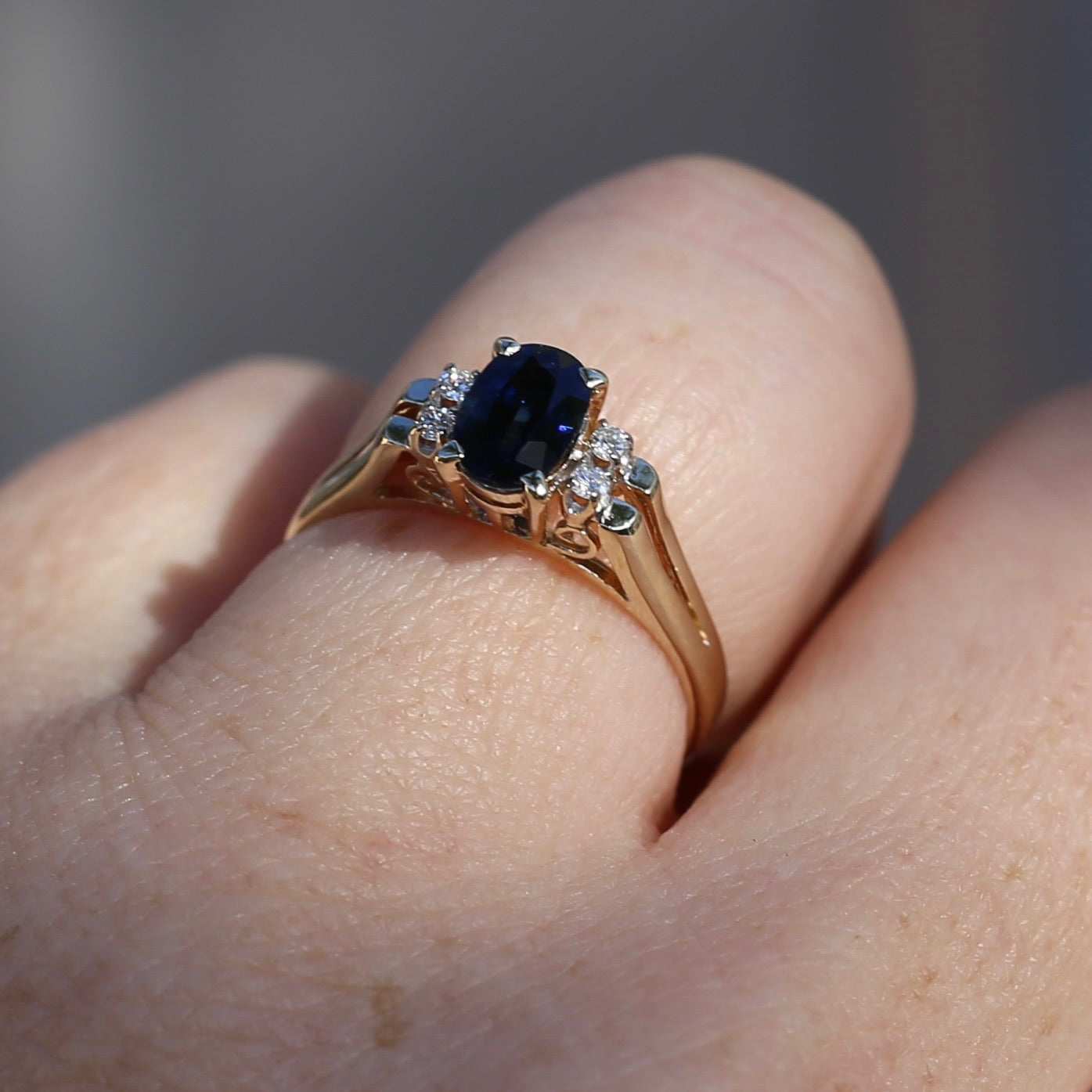 Oval Natural Blue Sapphire with Diamonds, Art Deco Feel Ring, 14ct Yellow Gold, size N or 6.75