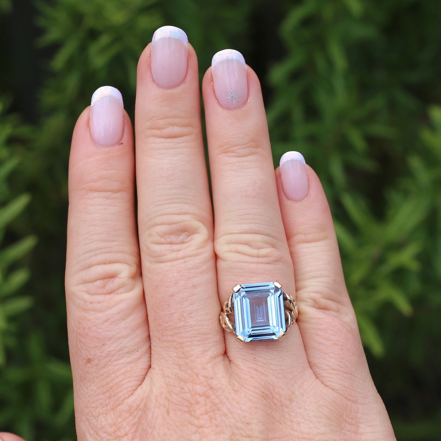 Mid Century Emerald Cut Blue Spinel Cocktail Ring, size N1/2 or 6.75