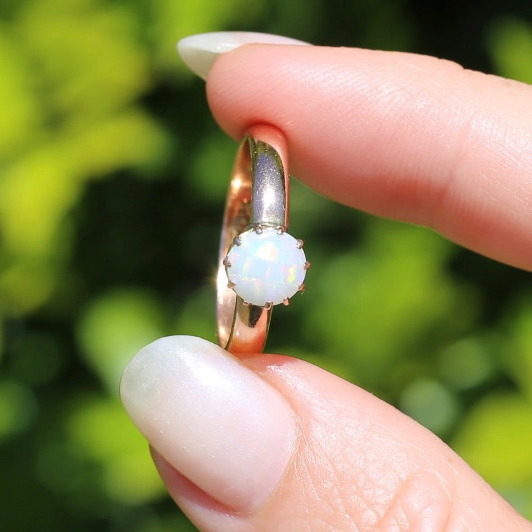 Early Australian 11 Multi Claw White Round Opal Ring, 9ct Old Rosey Gold, size 10 or U
