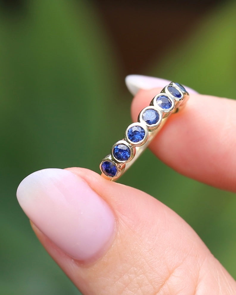 Second Glance - 9 Stone Bezel Set Blue Sapphire Bubble Half Eternity Ring, 9ct Yellow Gold, size N or just over 6.5, 2.80g
