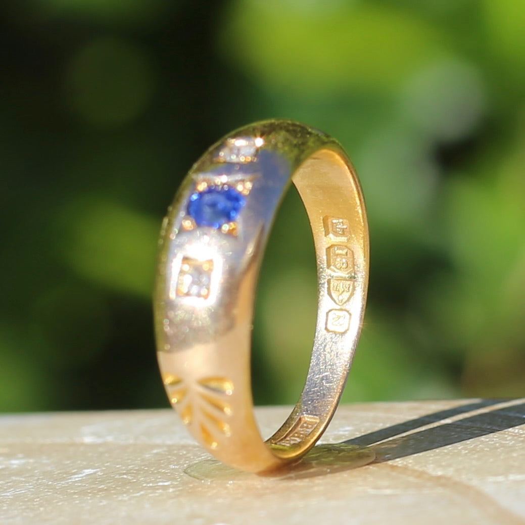 1896 Old Cut Sapphire and Diamond Gypsy Set Ring, 18ct Yellow Gold, size N or 6.75