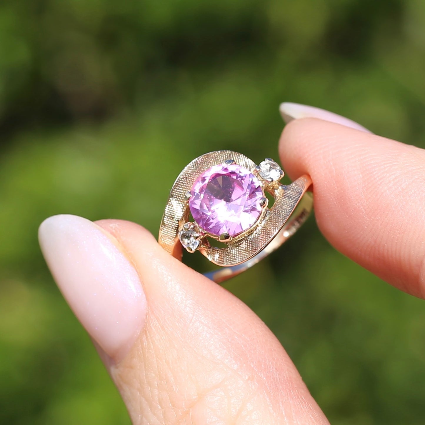 Asymmetric Pink Sapphire and White Spinel Dress Ring, 10ct Yellow Gold, size  N or 6.75