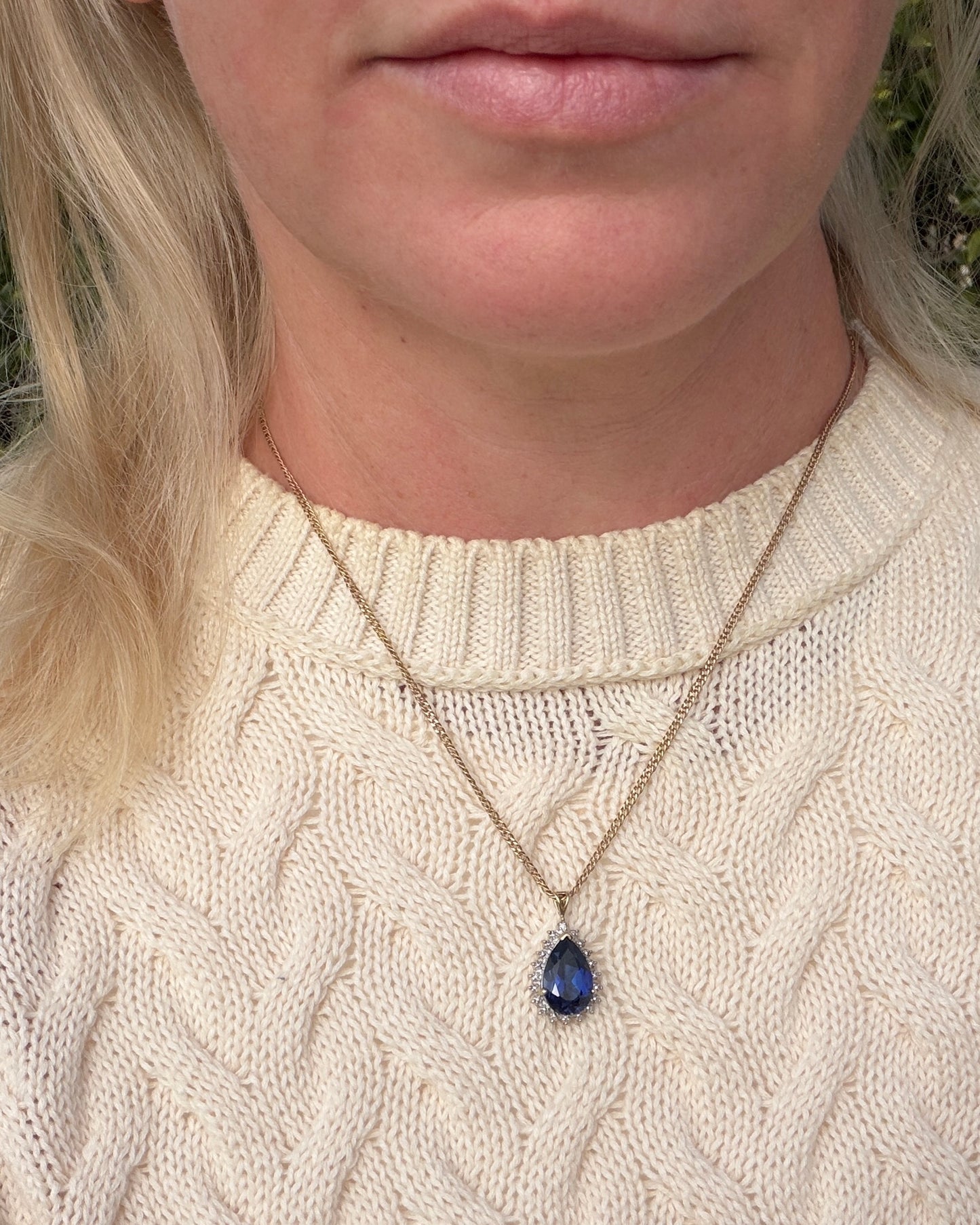5ct Lab Grown Sapphire and Illusion Set Pendant with 2 Diamonds, 9ct Yellow Gold (some Rhoidum Plating), 2.47g