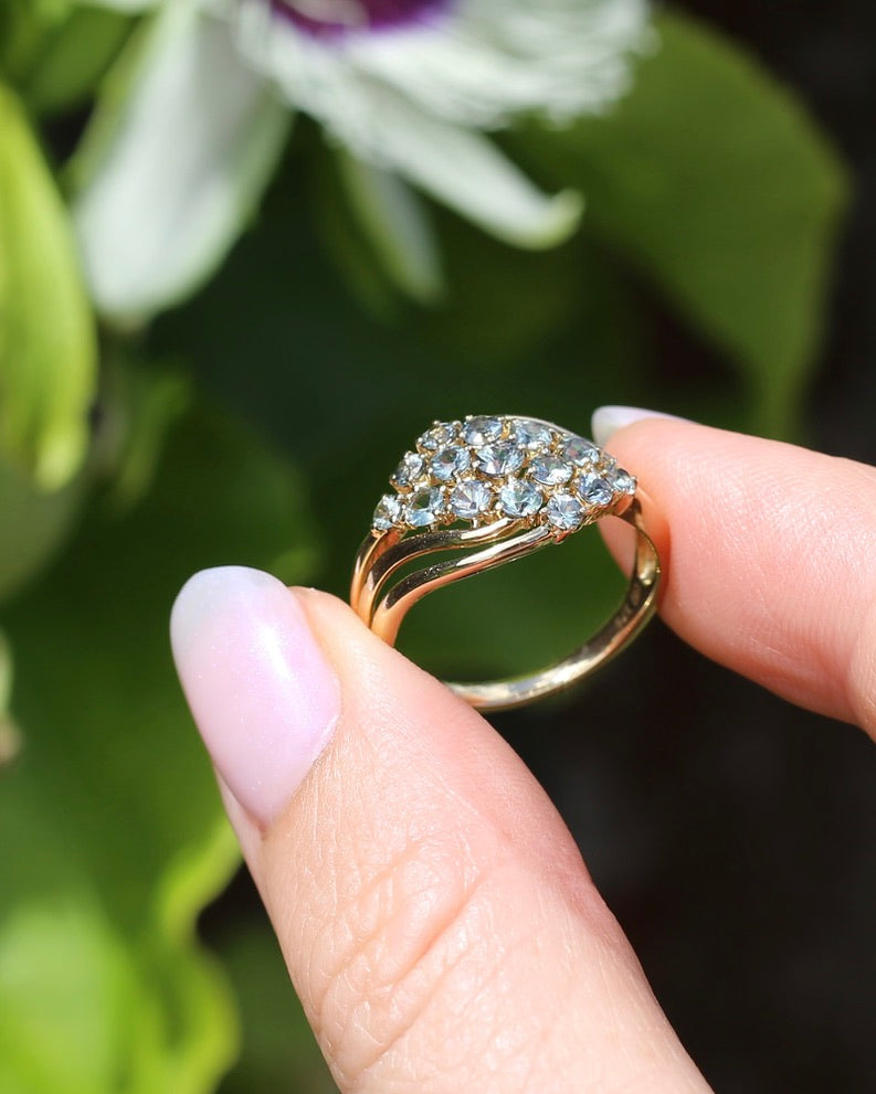 Pale Blue Parti Sapphire Bypass Cluster Ring, 9ct Yellow Gold, size P1/2 or 7.75, 2.75g