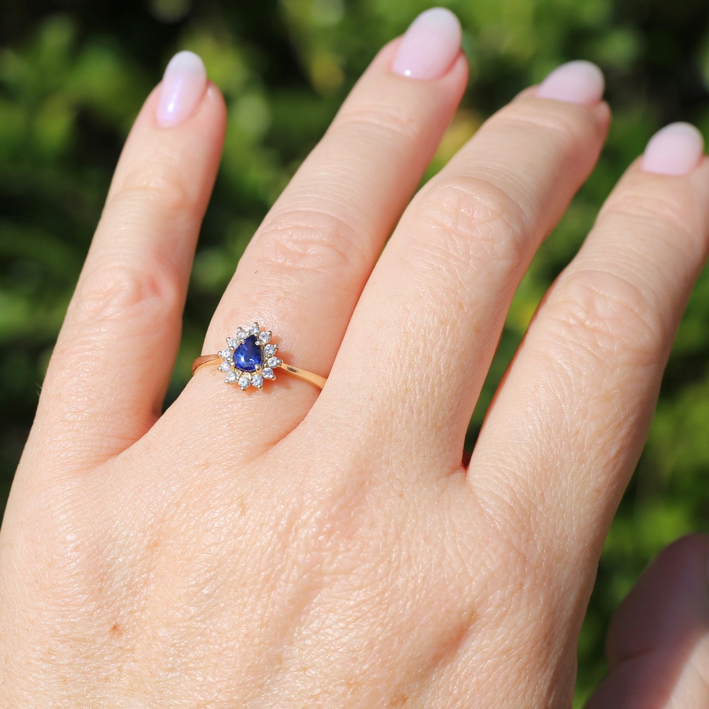 Pear Shaped Sapphire with Halo, 14ct and 18ct Yellow Gold, size 7 or just under O