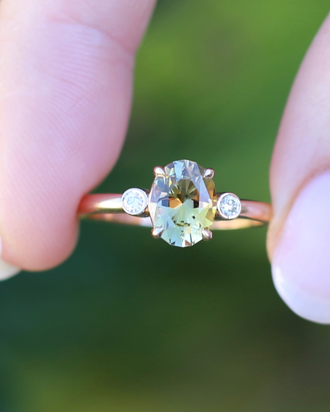 1.57ct Natural Golden Tanzanite Zoisite and Diamond Trilogy Ring, 14ct Rose Gold, size 8.75 or just over R, 3.3g, with valuation