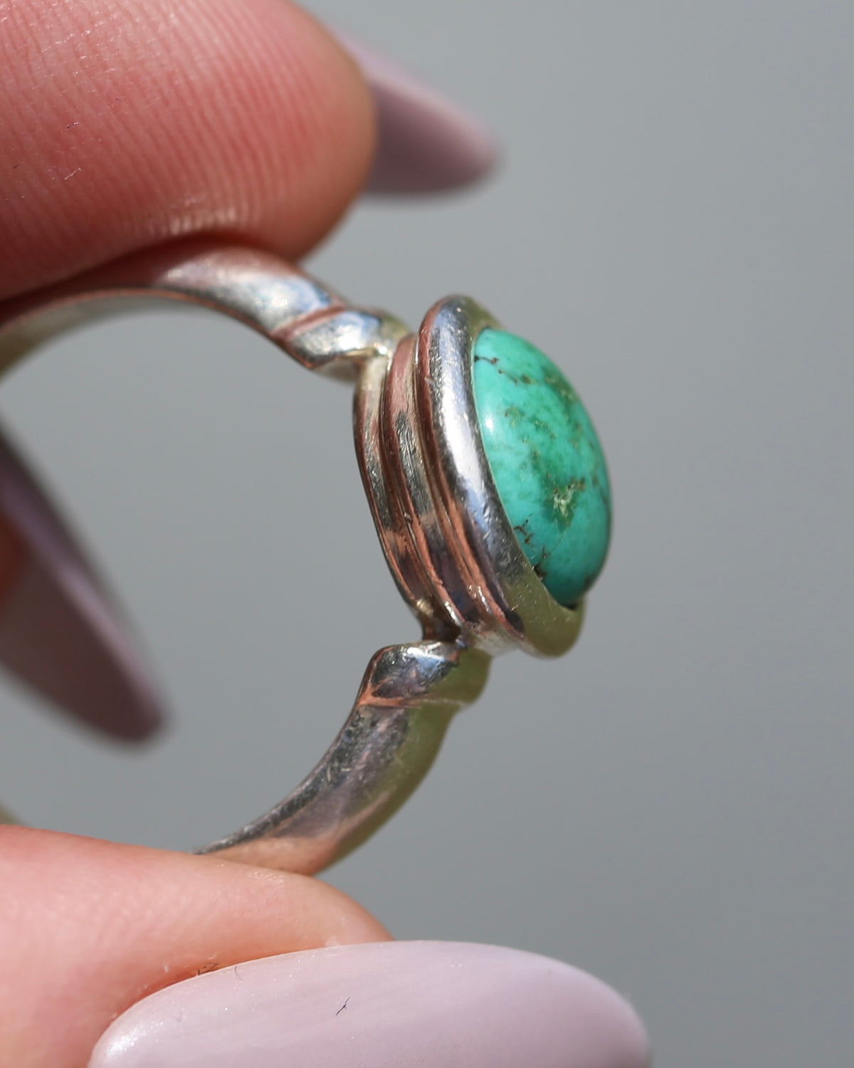 Natural Turquoise Cabochon Bezel Set Ring, Sterling Silver, size Q or just over 8, 7.3g