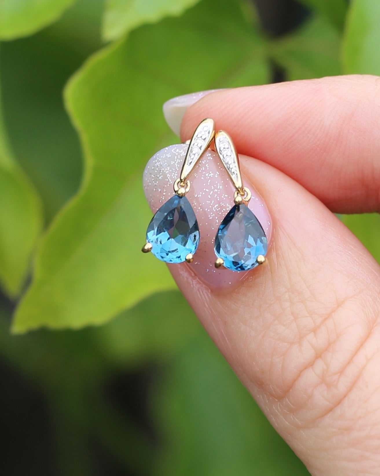 Pear Cut London Blue Topaz Earrings on Illusion Diamond Set Stud Posts, 9ct Yellow Gold, 14ct YG butterflies, 1.87g