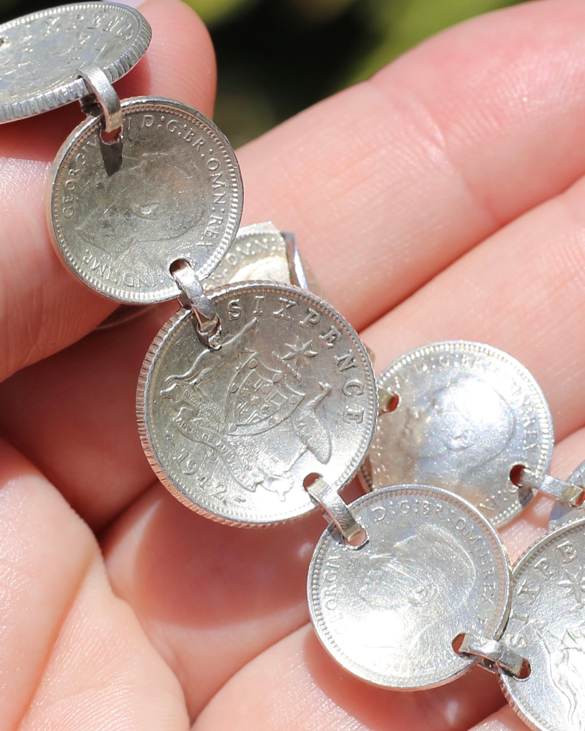 WWII Lucky Sixpence and Threepence Bracelet - coins 1938, 1942, 1943, 1944, 92.5% silver, 17.5cm or just under 7 inches, 19.83g