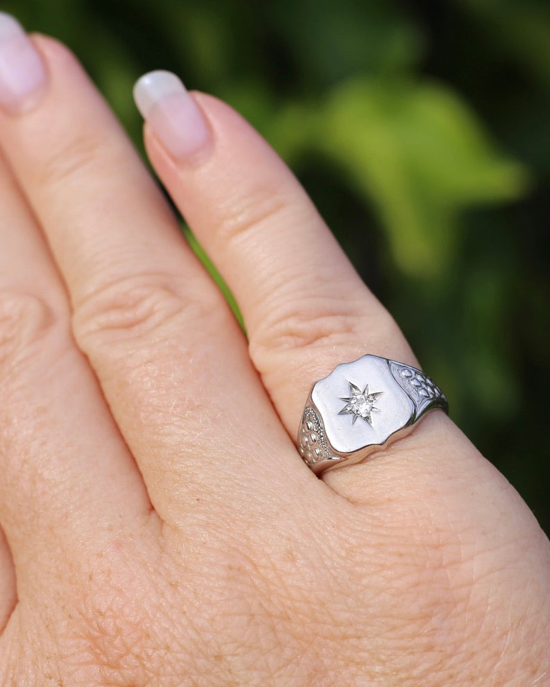 Vintage Shield Signet With Old Cut Diamond, 18ct White Gold, size N or just over 6.5 (fits more like an L1/2-M due to width), 6.86g