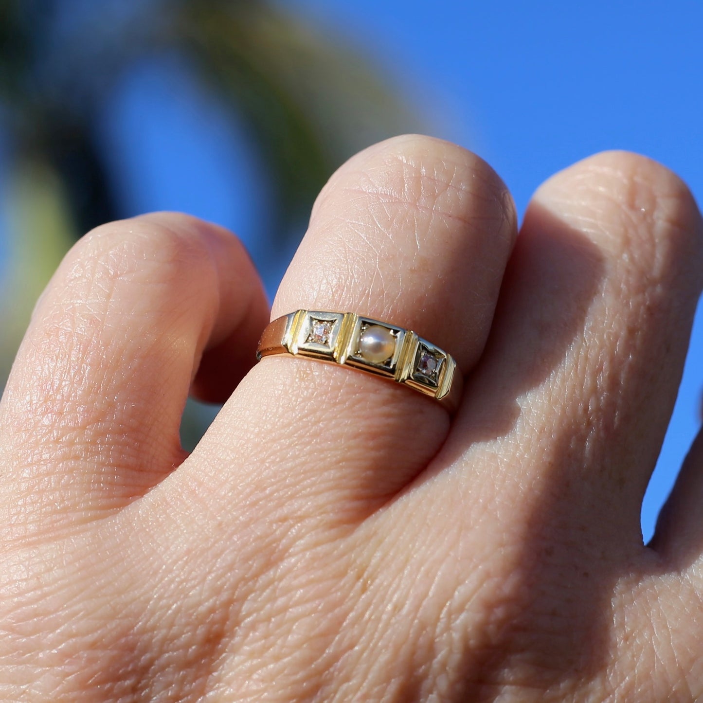 Antique Pearl and Old Cut Diamond Set Trilogy Ring, 18ct Yellow Gold, size N1/2 or 7