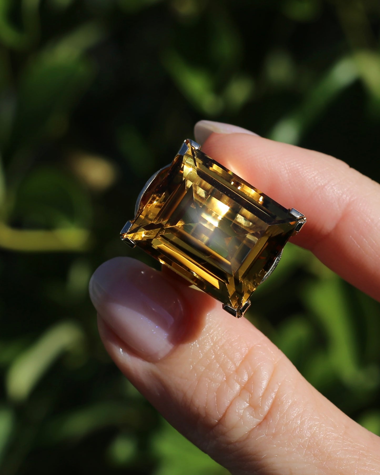 35ct Rectangular Step Cut Vivid Citrine in Chunky Vintage 9ct Yellow Gold Ring, size N1/2 or 7, 15.12g
