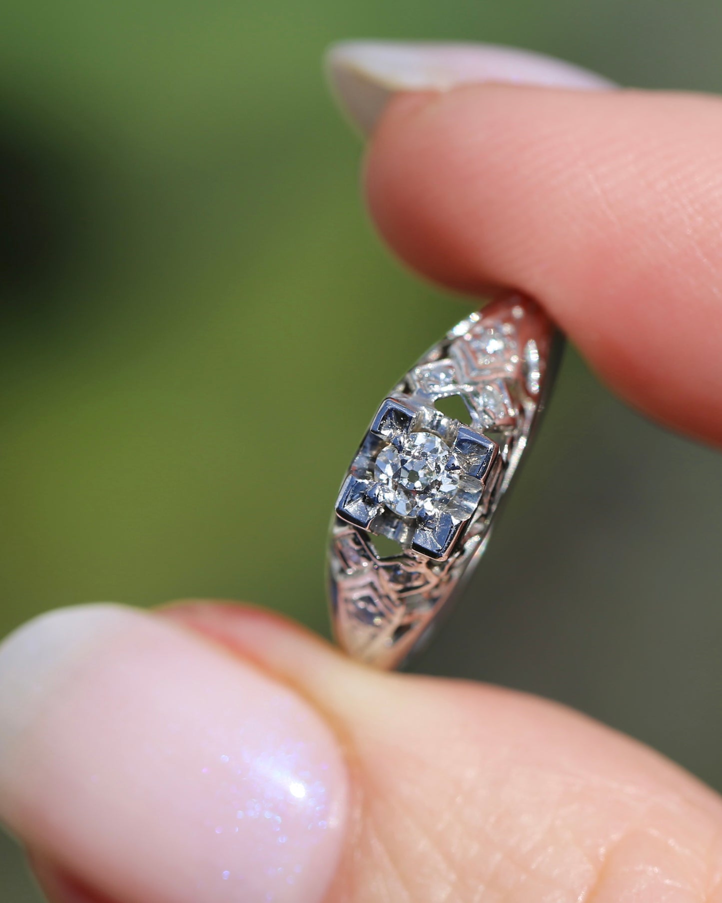 0.188ct Old Cut Diamond Solitaire, 18ct White Gold Filigree, size L or 5.75, 2.0g