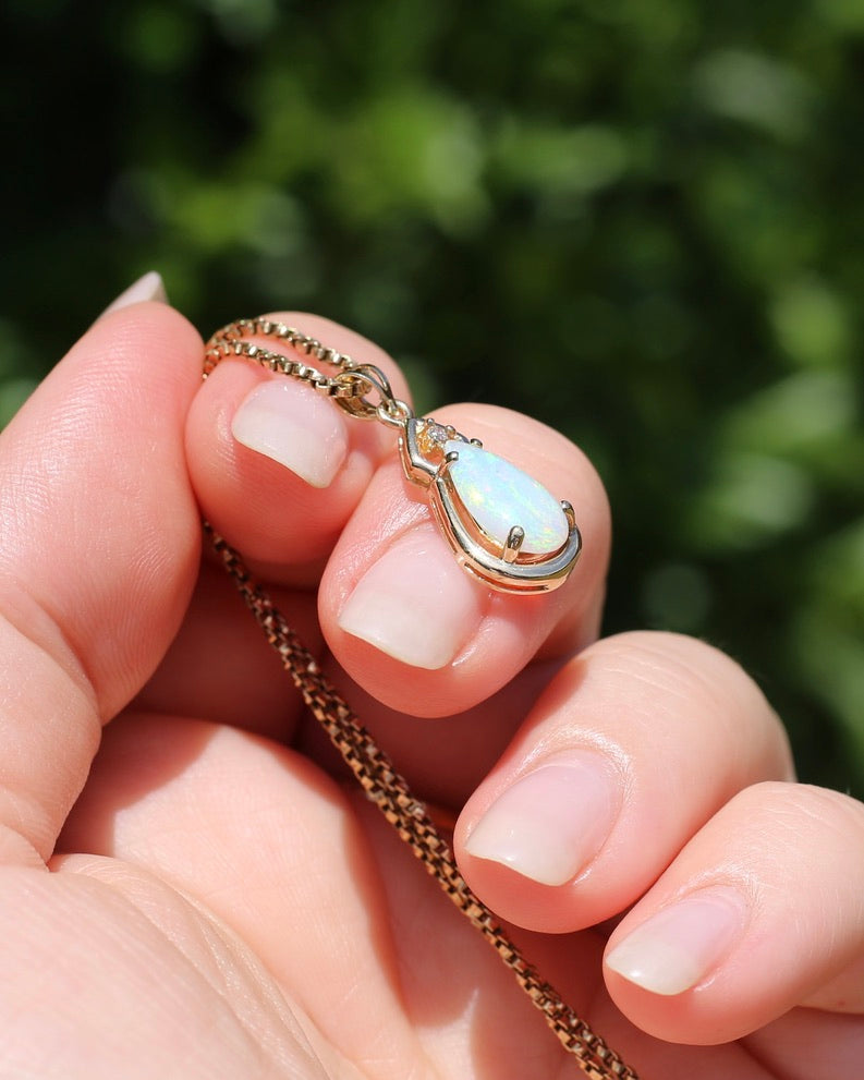 Pear Crystal Opal and Diamond Pendant, 10ct Yellow Gold, 1.5g