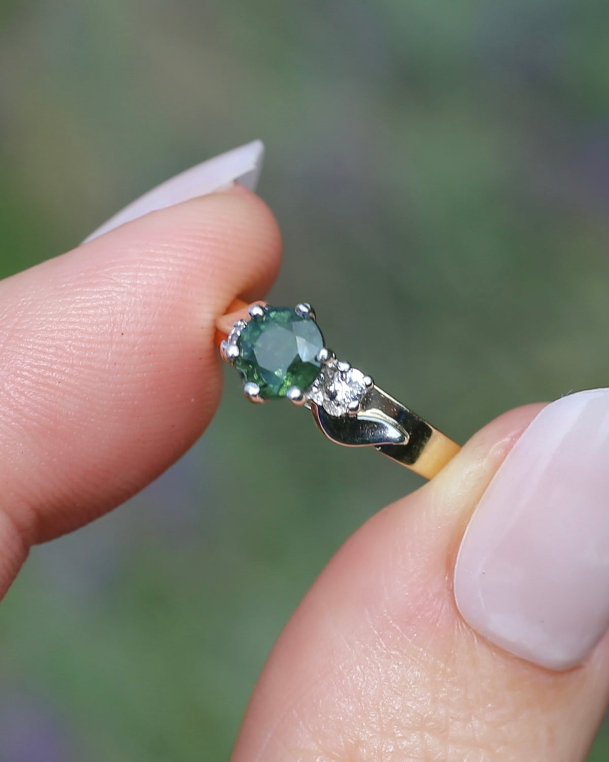 1ct Natural Green Sapphire Ring with White Spinel Side Stones, Silver and 9ct Yellow Gold, size M or 6.25, 2.1g
