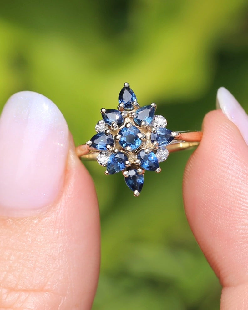 Vintage Blue Sapphire and Diamond Cluster Ring, 9ct Yellow Gold, size N or 6.75, 2.34g
