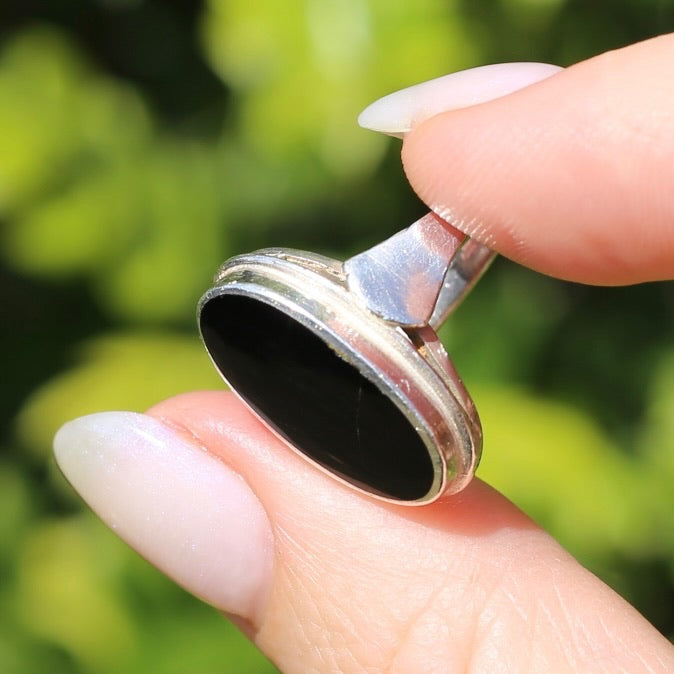 Oval Black Onyx Bezel Set Ring, sterling silver, size L or 5.75