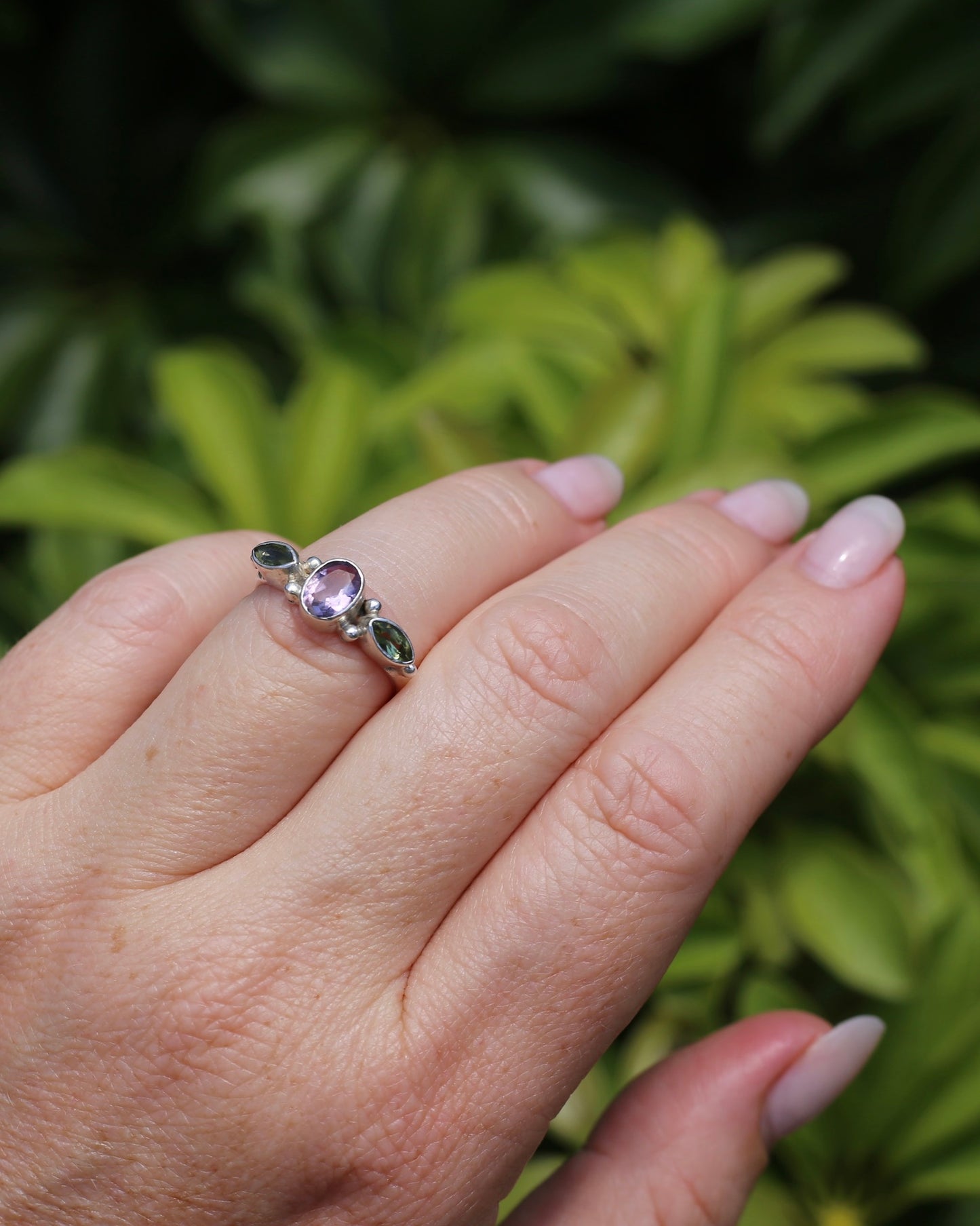 Amethyst & Peridot Bezel Set Trilogy Ring, Sterling Silver, size N or 6.75, 2.7g