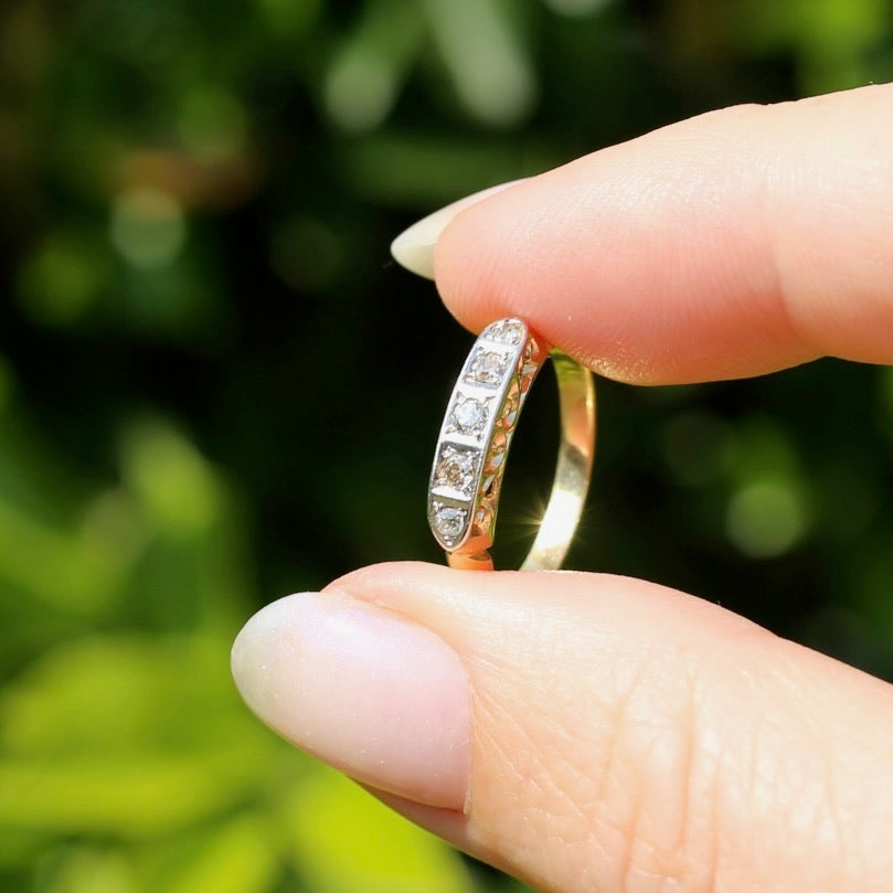 1930s Old Cut 5 Stone Diamond Ring, Platinum and 18ct Yellow Gold, size L or 5.75