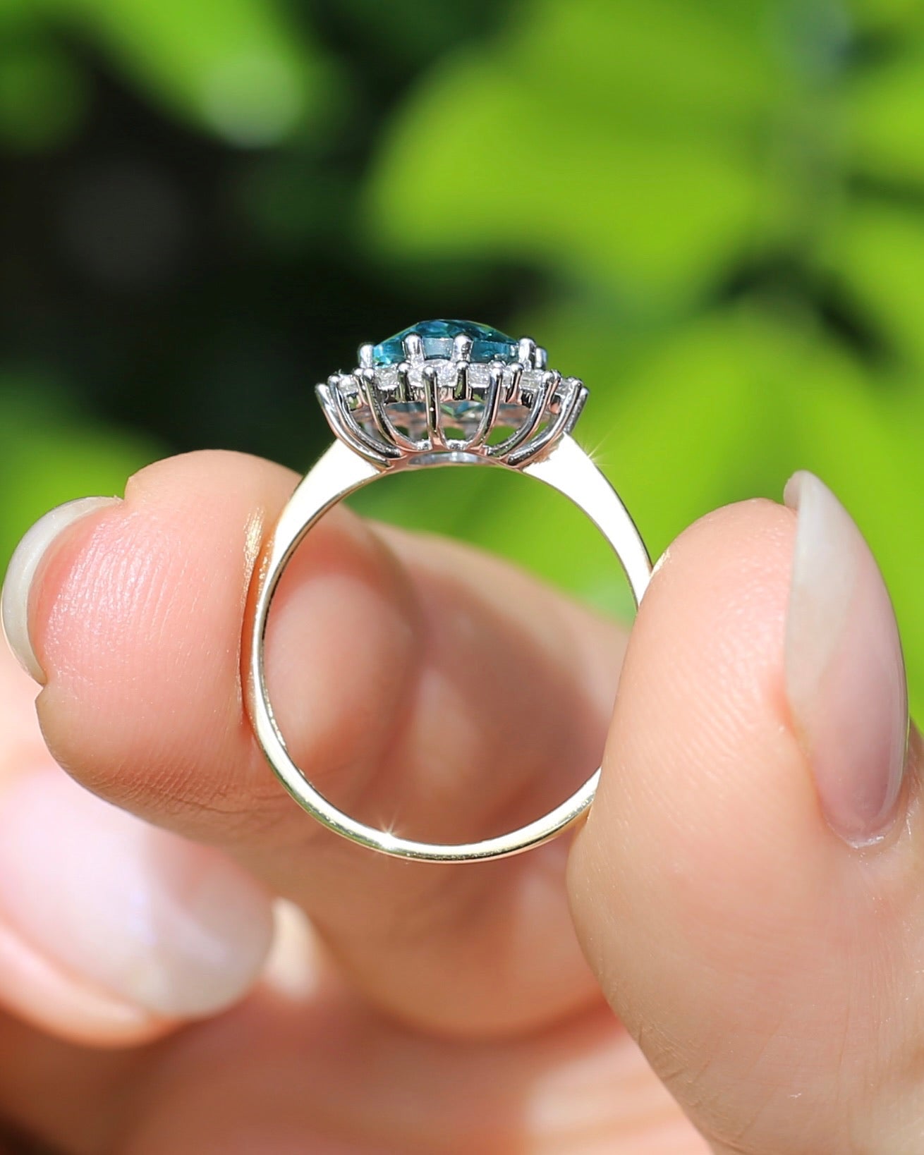 2.79ct Oval Blue Zircon and Diamond Halo, Vintage 9ct White and Yellow Gold, size M1/2 or 6.5