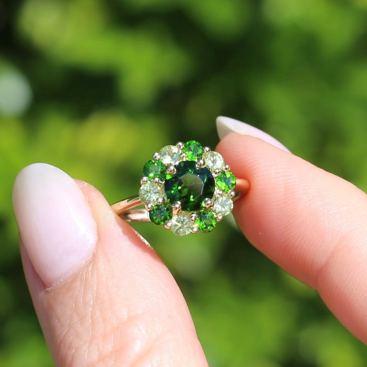 Chrome Diopside and Green Garnet Daisy Cluster Ring, 9ct Yellow Gold, size N1/2 or 7