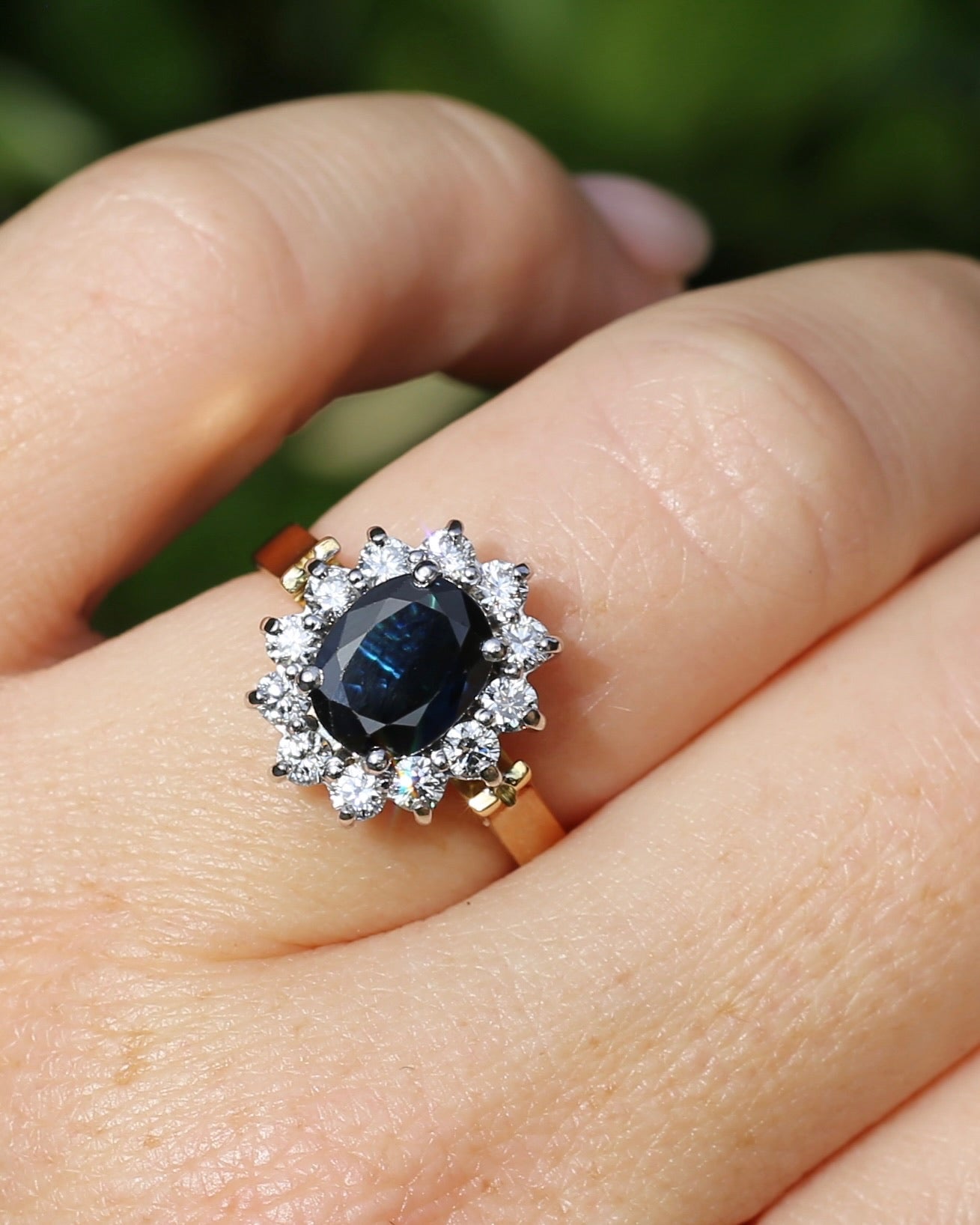 Vintage c1980s Diana Halo, Natural Sapphire and Diamond Halo, 18ct Yellow and White Gold, size P or 7.75 with valuation