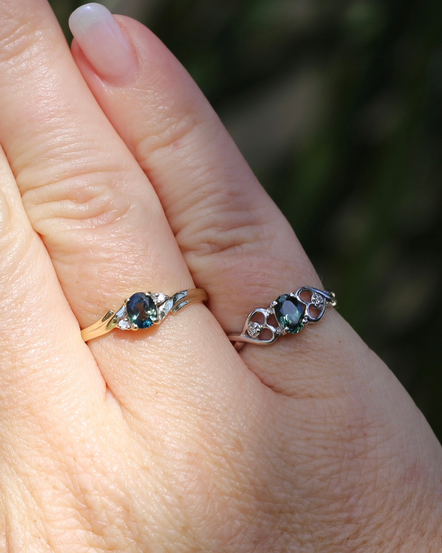 0.7ct Natural Green Parti Sapphire with tiny Diamond Set Heart Shoulders, 9ct White Gold, size K or 5.25, 1.27g
