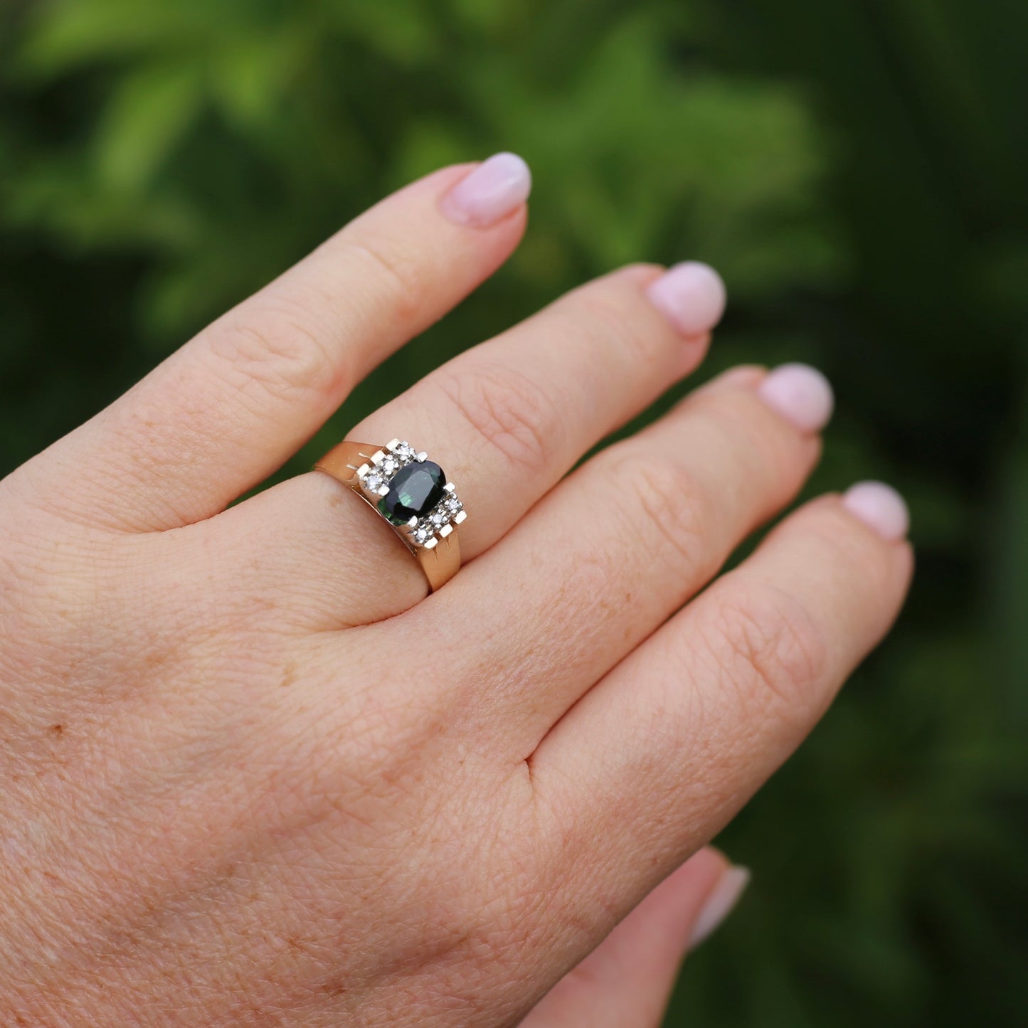 0.95ct Green Tourmaline and Diamond High Set Ring, 9ct White and Yellow Gold, size O or just over 7