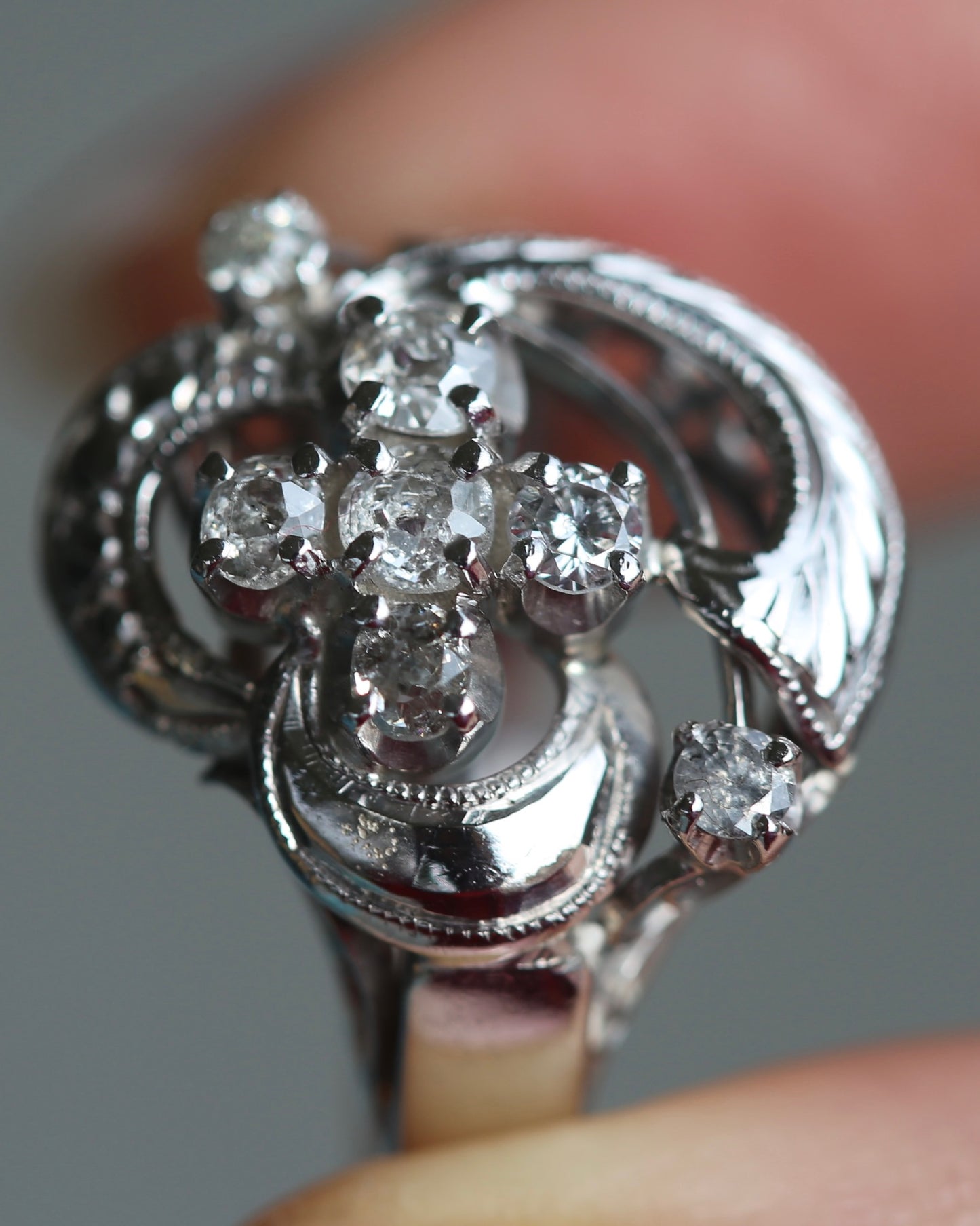 Old Cut and Early Brilliant Cluster Clover Ring, 9ct White Gold, size O or 7