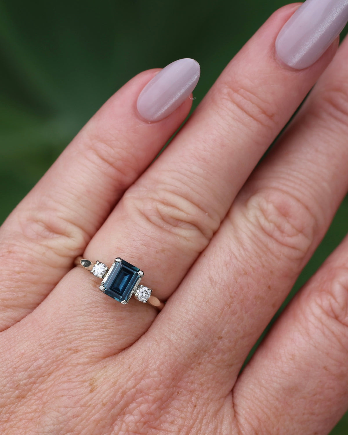 1.1ct Emerald Cut Natural Blue Teal Sapphire and Diamond Trilogy, 18ct White Gold and Platinum, size O or just over 7, 2.27g