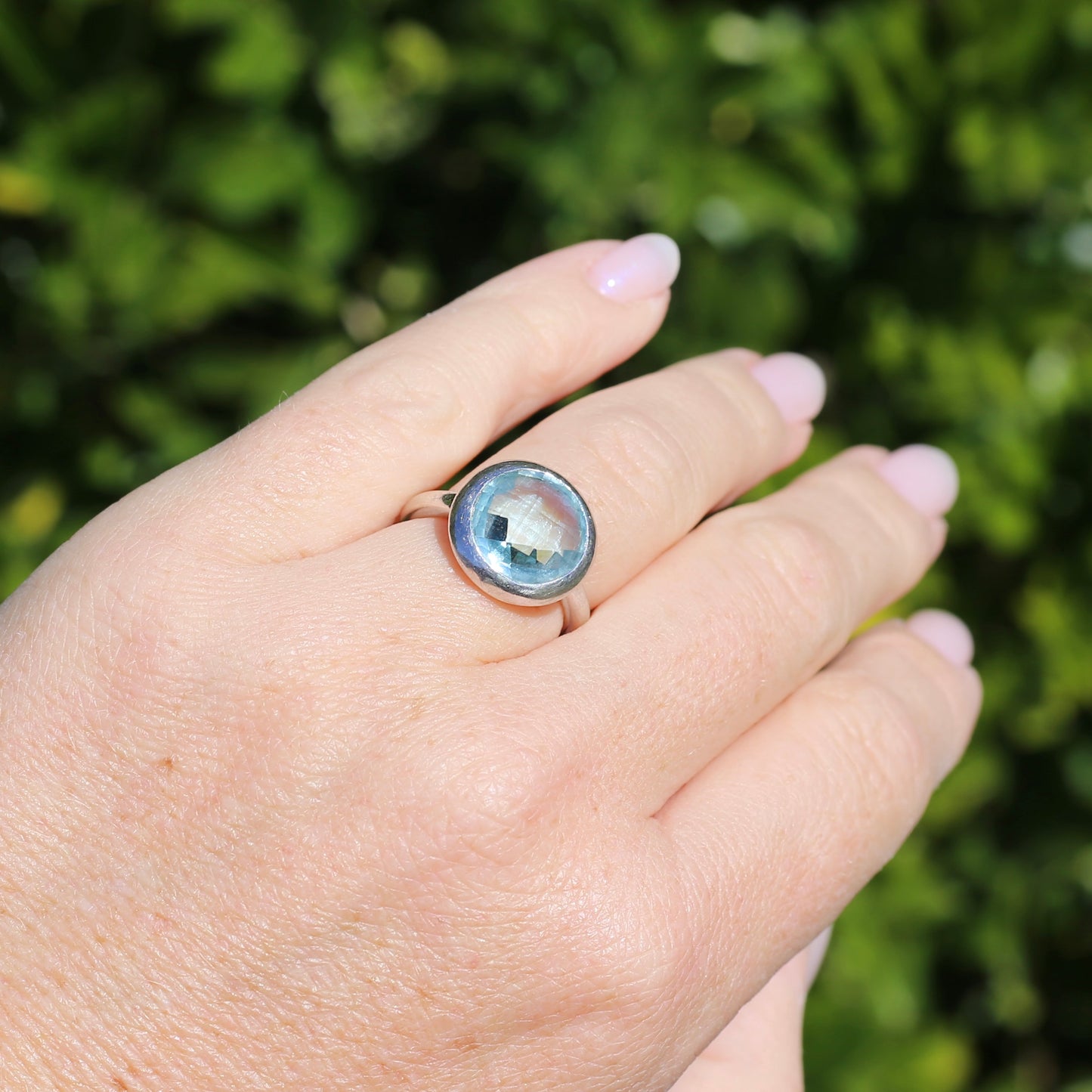 Bezel Set Harlequin Cut Blue Topaz Ring, Sterling Silver, size O or 7.25 (fits bigger)