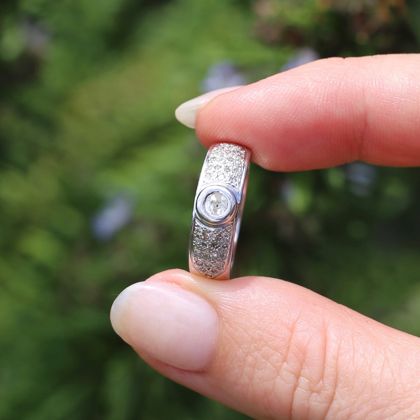 Bezel Set Old European Cut Diamond, in Pavé Setting of Diamonds, Chunky Platinum, size Q or 8 (fits more like an O1/2 - P), with valuation