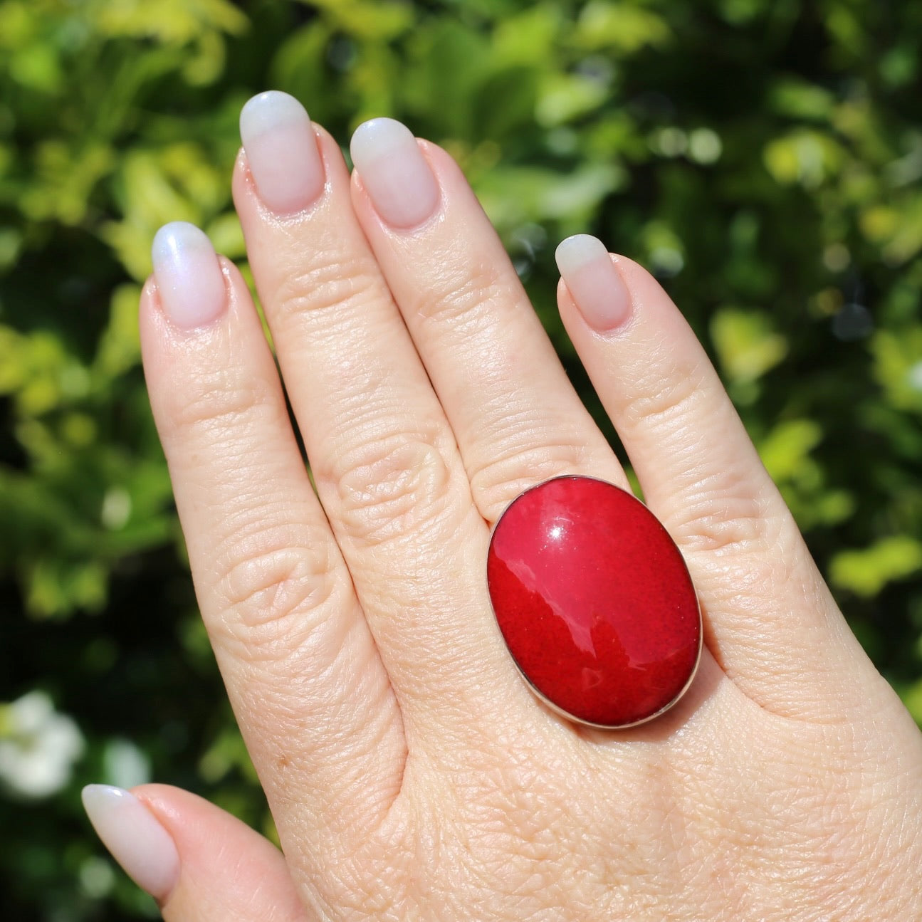 Large Red Oval Cabochon Resin ring, sterling silver, size O or 7.25