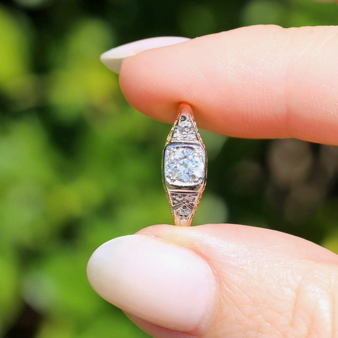 Antique Circa 1915 Old European Cut Solitaire, 18ct White and Yellow Gold, size M1/2 or 6.5