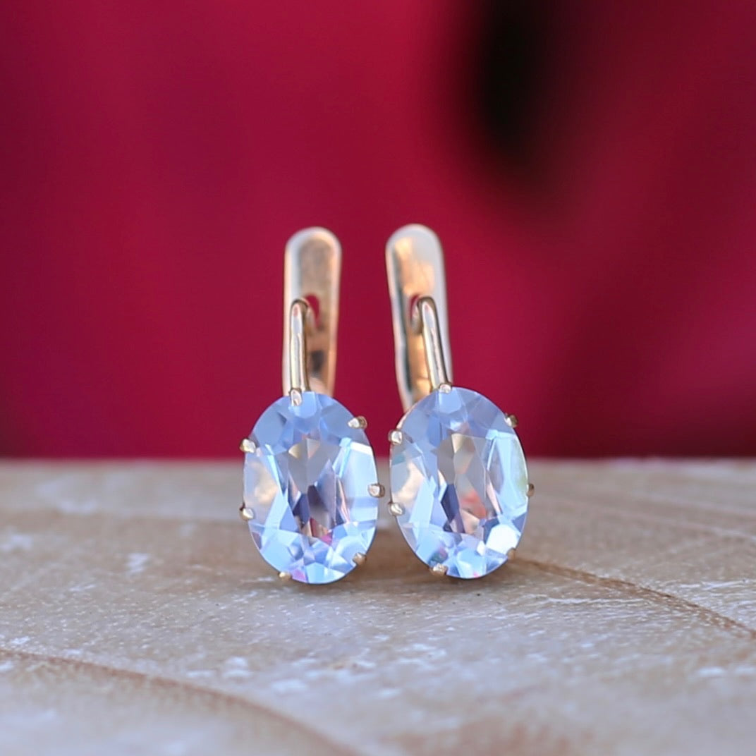 Vintage Russian Pale Lilac Blue Spinel Earrings with Lever Backs, 14ct Rosey Gold, 3.03g