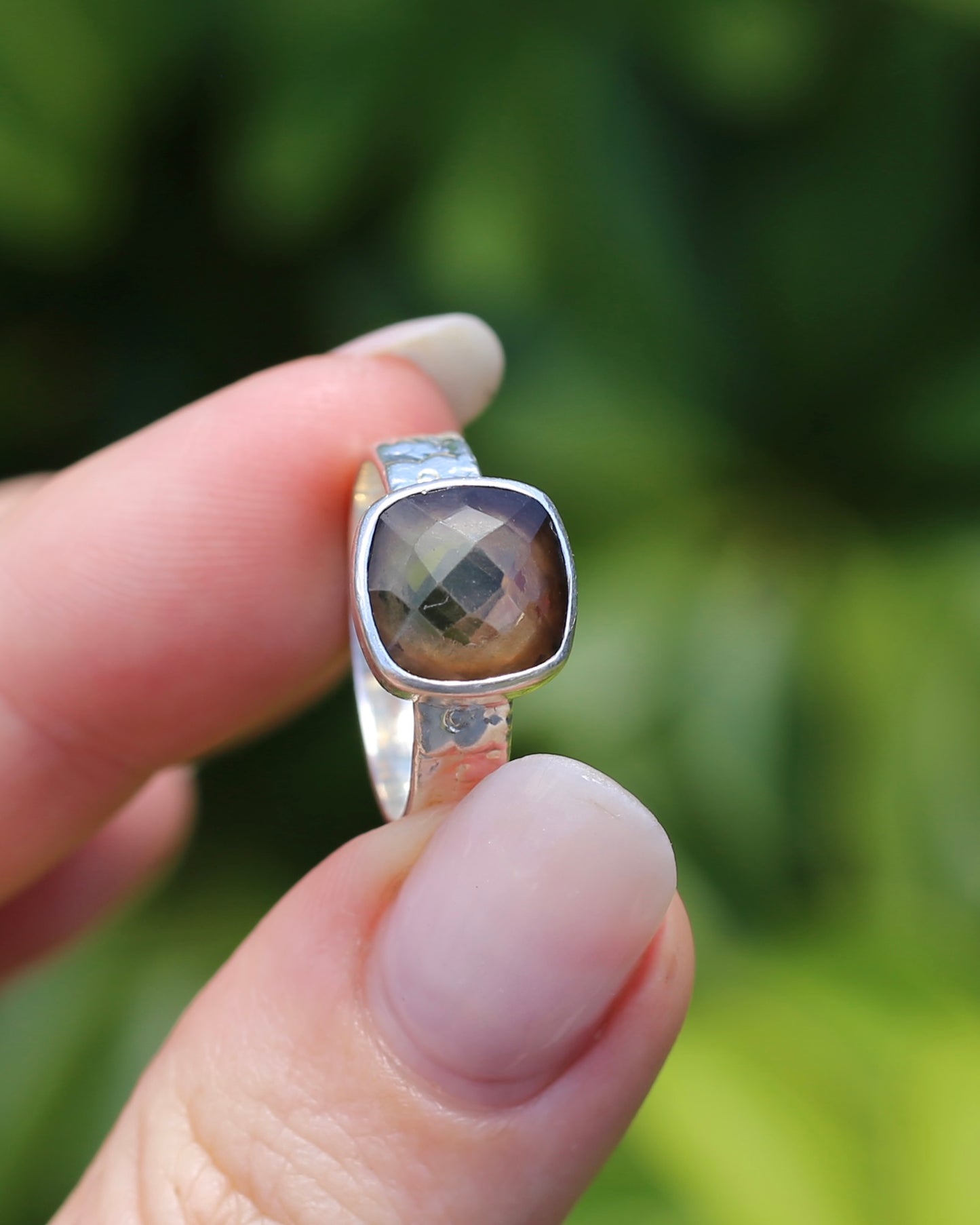 Harlequin Cut Smoky Quartz in Bezel Frame, Sterling Silver, 4.7g, size P1/2 or 8 - fits more like an O-O1/2