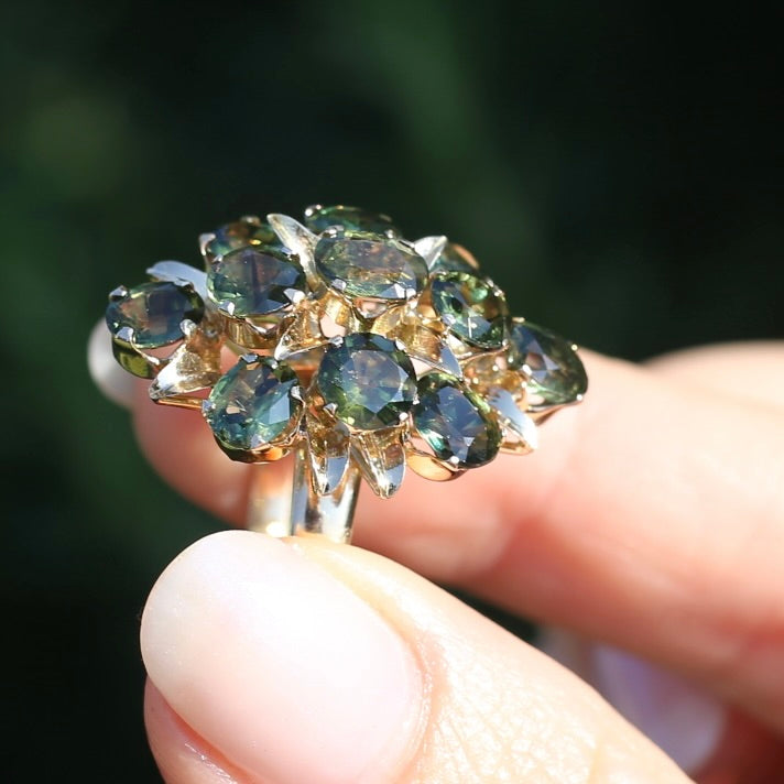 Brutalist Natural Green Sapphire Retro Ring, 14ct Yellow Gold, size 8 or Q