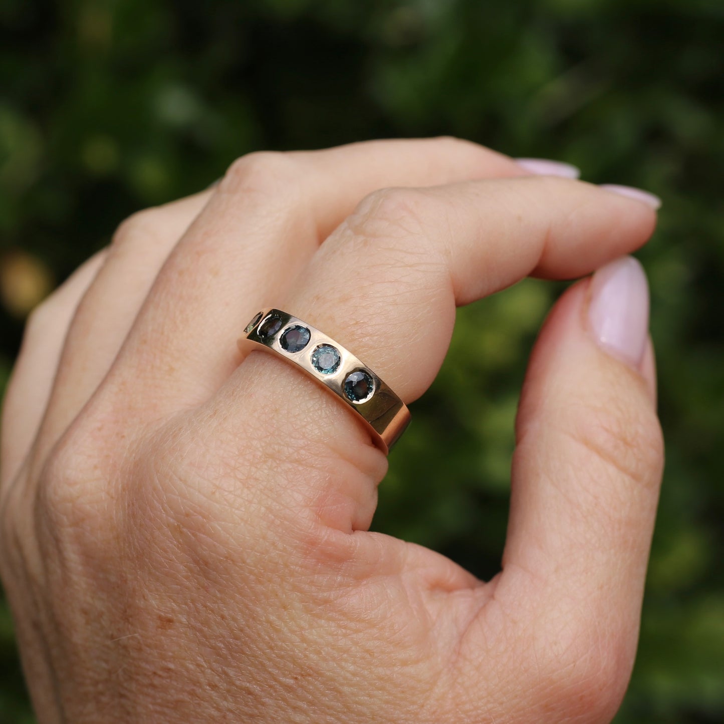 Custom Reclaimed Gold Chunky 9ct Rings with 4mm Parti Sapphires