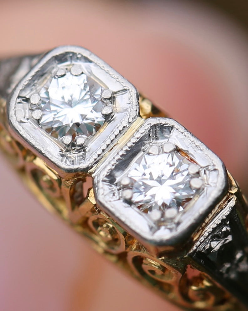 Circa 1910 Antique Toi Et Moi Transitional Cut Diamond Ring, 18ct Yellow Gold and Platinum, size N or just over 6.5, 2.42g, with valuation