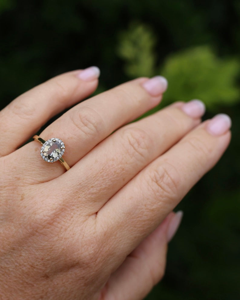 1.2ct Unheated Natural Golden Tanzanite in Diamond Halo, 10ct Yellow Gold, size O1/2 or just over 7.25, 3.0g