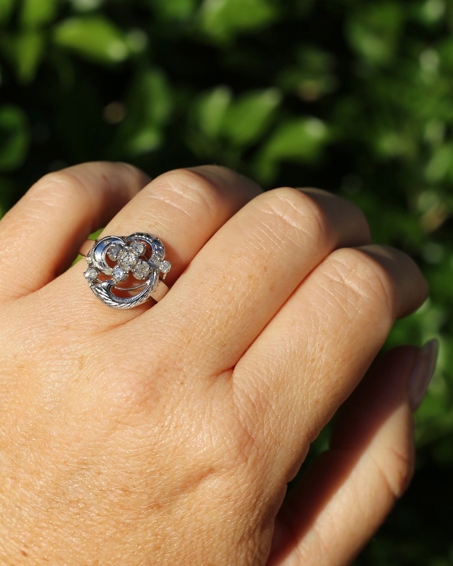 Old Cut and Early Brilliant Cluster Clover Ring, 9ct White Gold, size O or 7
