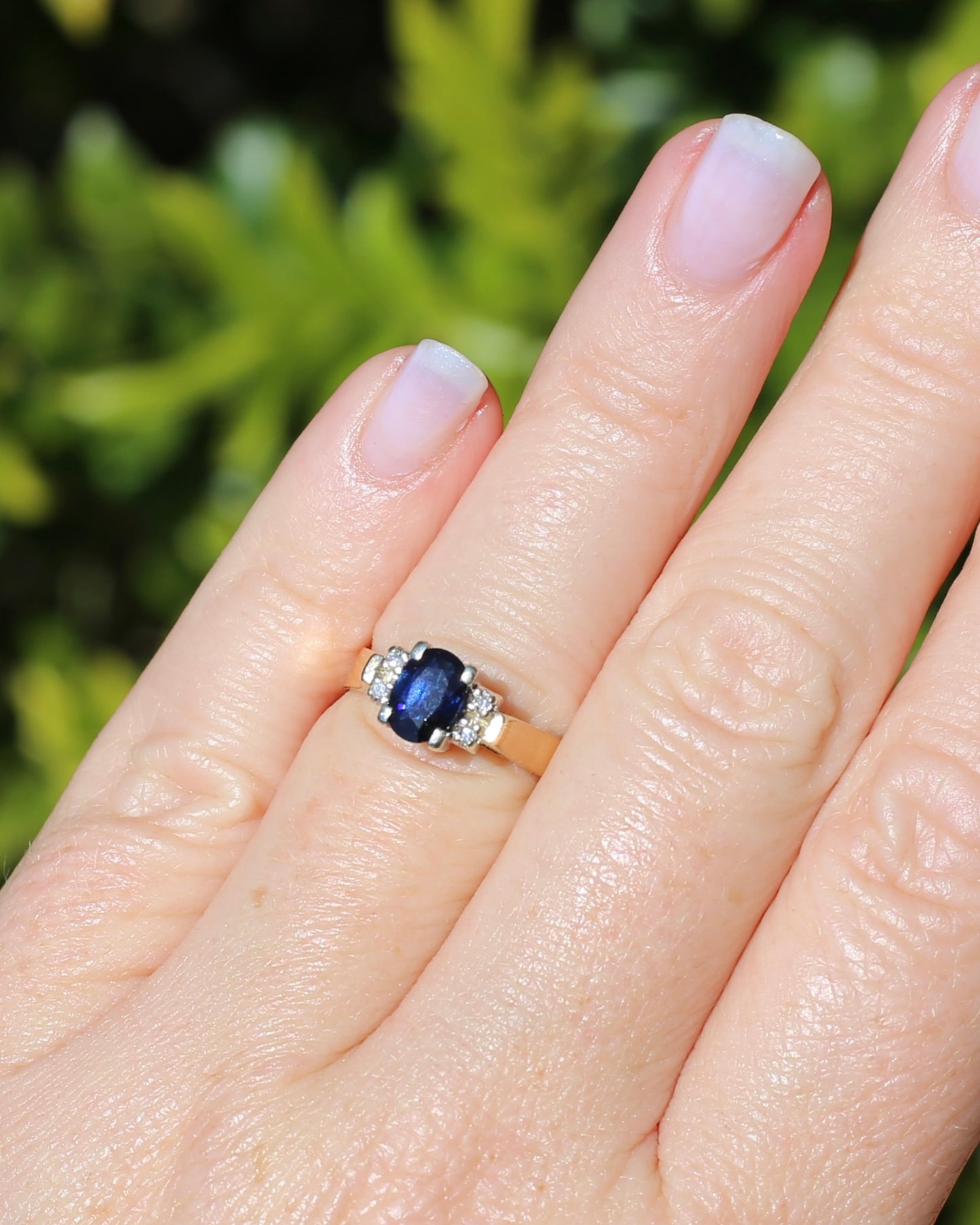 Circa 1970s Natural Sapphire and Diamond Ring, 9ct Yellow and White Gold, size M or 6.25, 4.19g