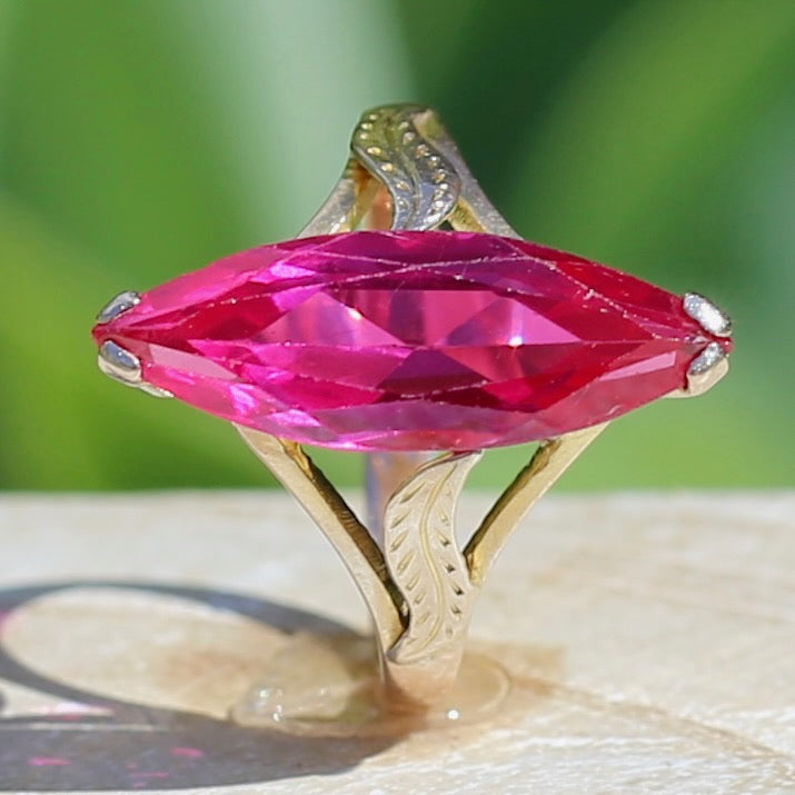 Mid Century Russian Synthetic Ruby Ring, 14ct Rosey Gold, size L1/2 or 6