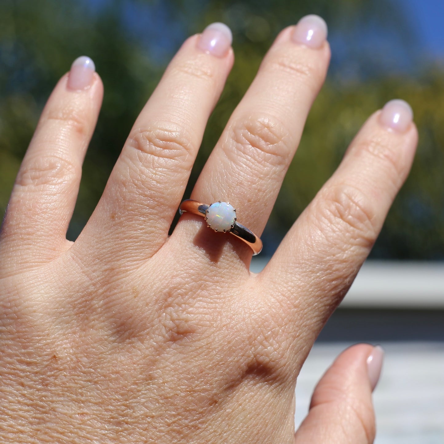 Early Australian 11 Multi Claw White Round Opal Ring, 9ct Old Rosey Gold, size 10 or U