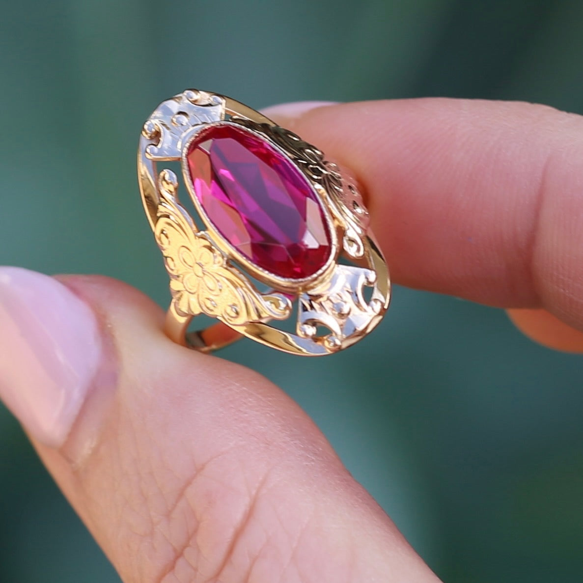 Mid Century Russian Oval Synthetic Ruby in Rosey Gold Floral Setting, 14ct Old Rosey Gold, size N1/2 or 7