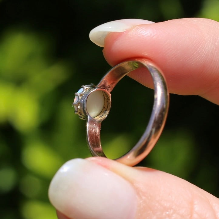 Early Australian 11 Multi Claw White Round Opal Ring, 9ct Old Rosey Gold, size 10 or U