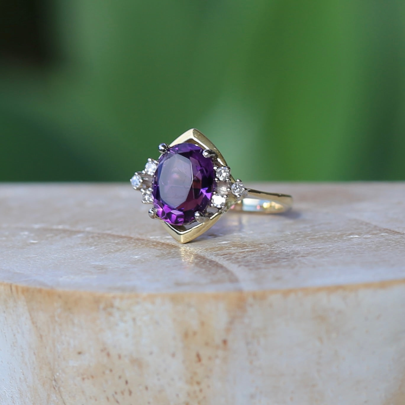 Vintique Oval Amethyst and Diamond Ring, 18ct Yellow Gold, size K1/2 or 5.5