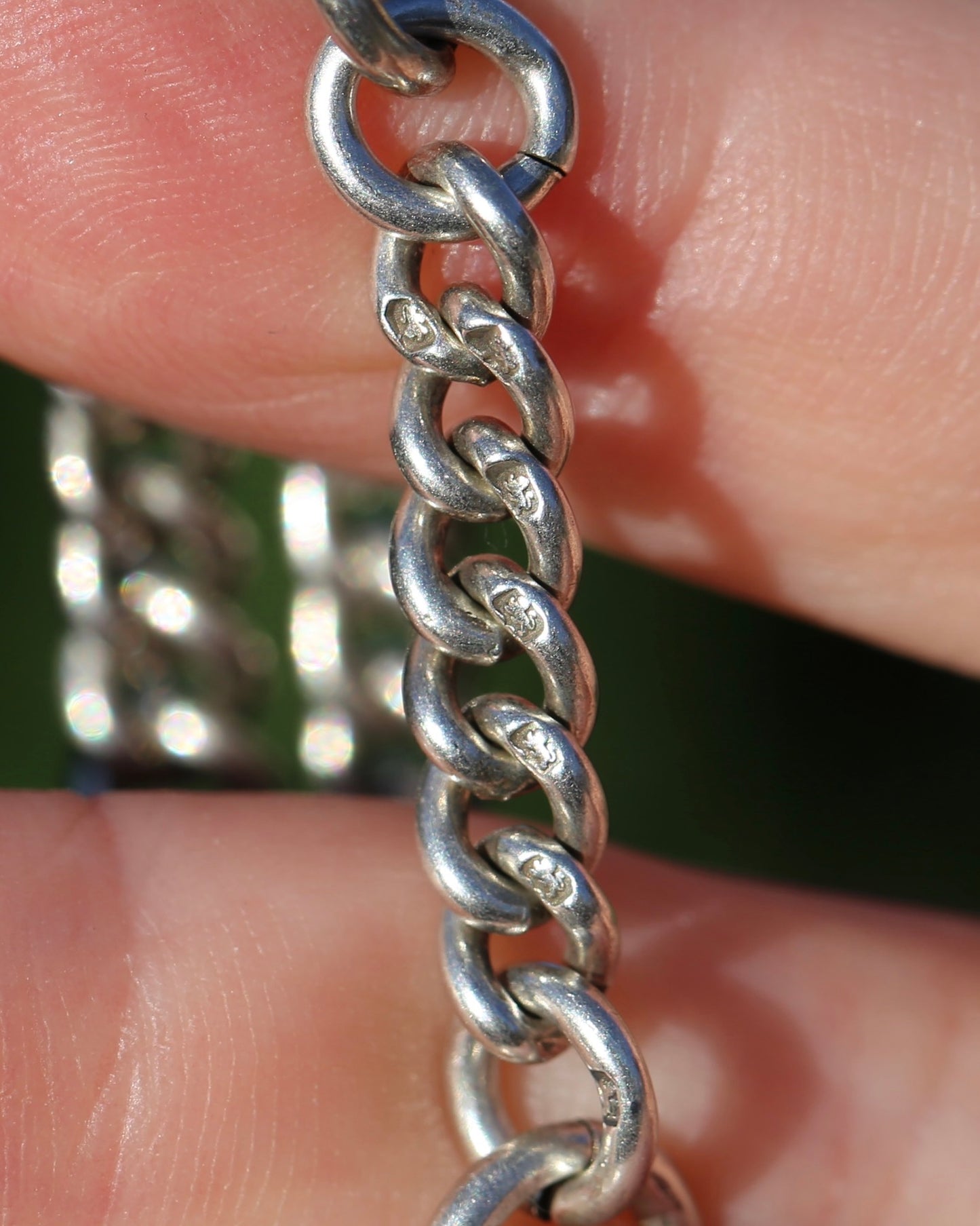 Antique 1920 Birmingham Made Double Graduated Watch Chain, Sterling Silver (and Rose Gold Face) T-Bar and Fob, 38.5cm, 53g