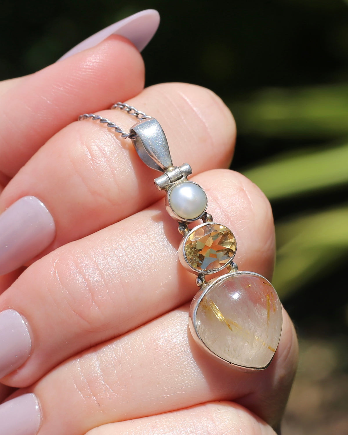 Freshwater Pearl, Citrine and Rutilated Quartz Cabochon Pendant, Sterling Silver, 6.0g